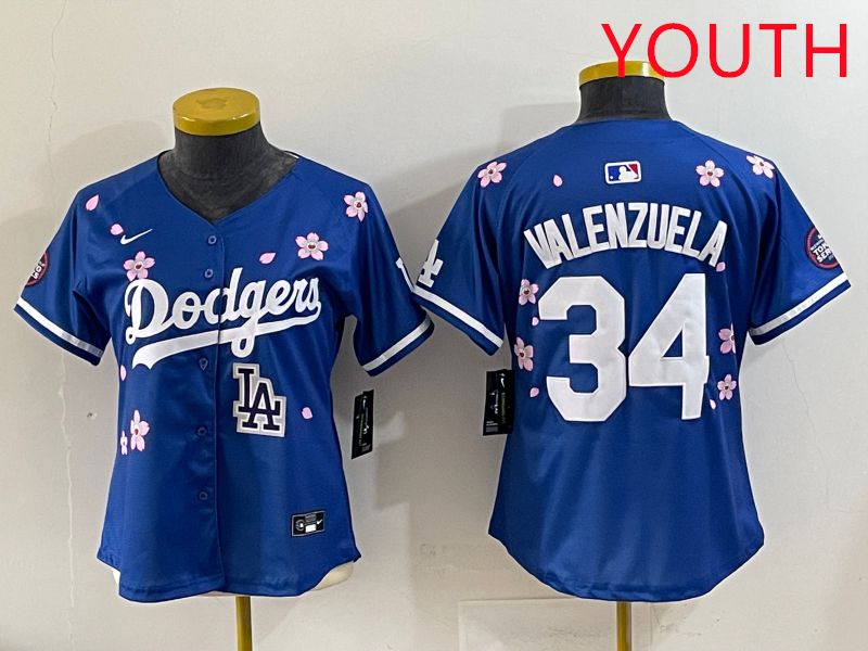Youth Los Angeles Dodgers #34 Valenzuela Blue Sakura Edition 2025 Nike MLB Jersey style 40->youth mlb jersey->Youth Jersey
